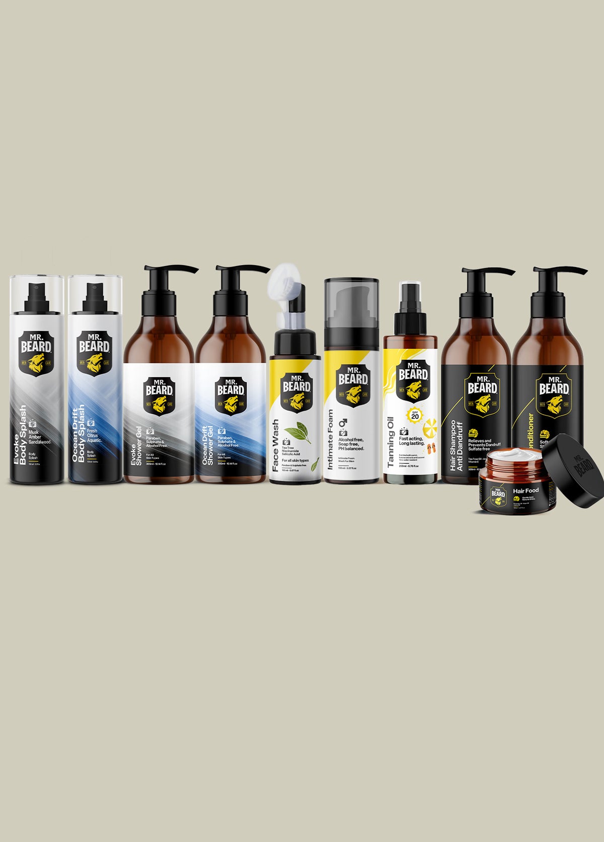 A lineup of various beard care products from Beard Care, including bottles, sprayers, and jars, arranged against a solid light beige background.
