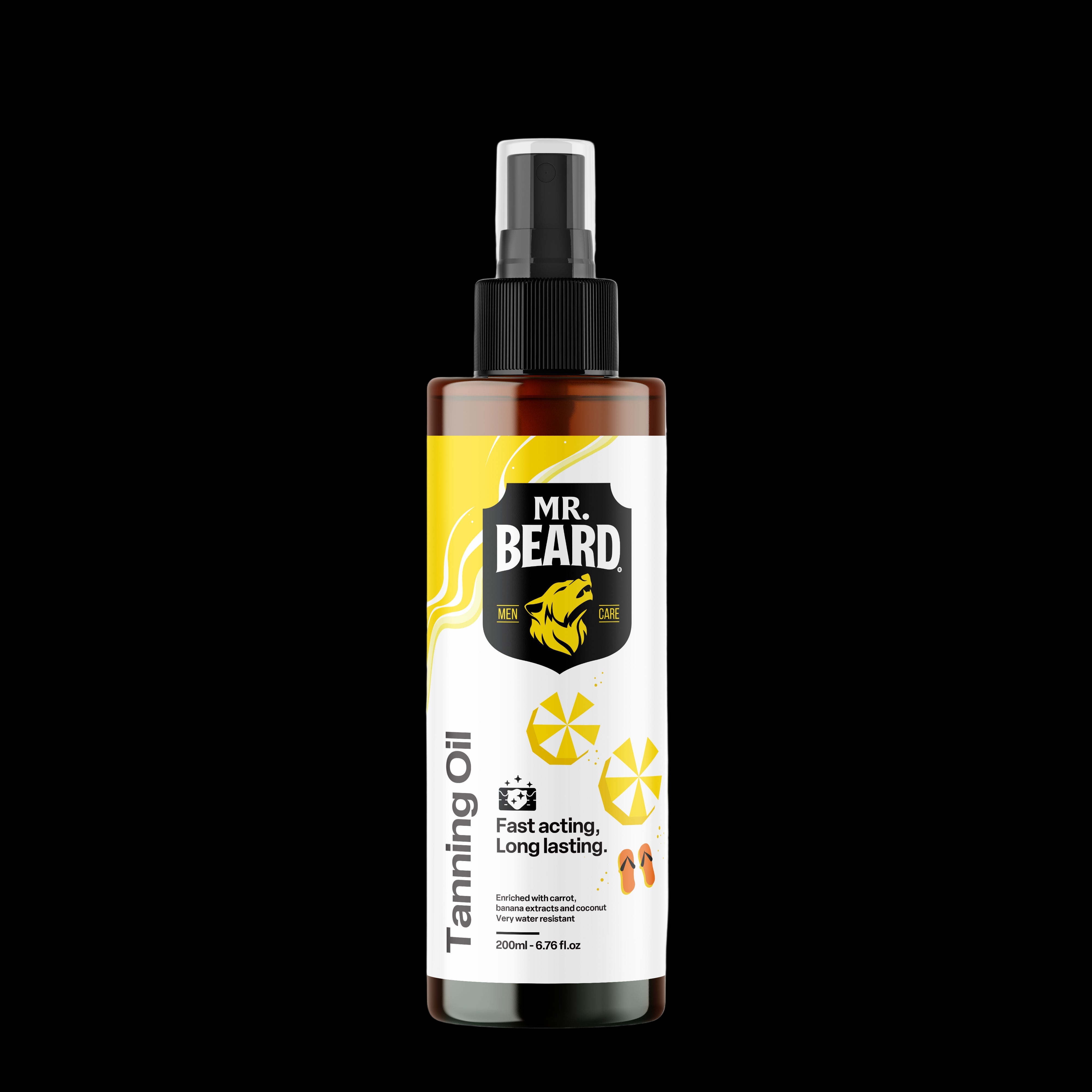 Bottle of Mr. Beard Tanning Oil with a spray nozzle, featuring a label with the brand name and banana and carrot graphics, indicating the presence of natural extracts.