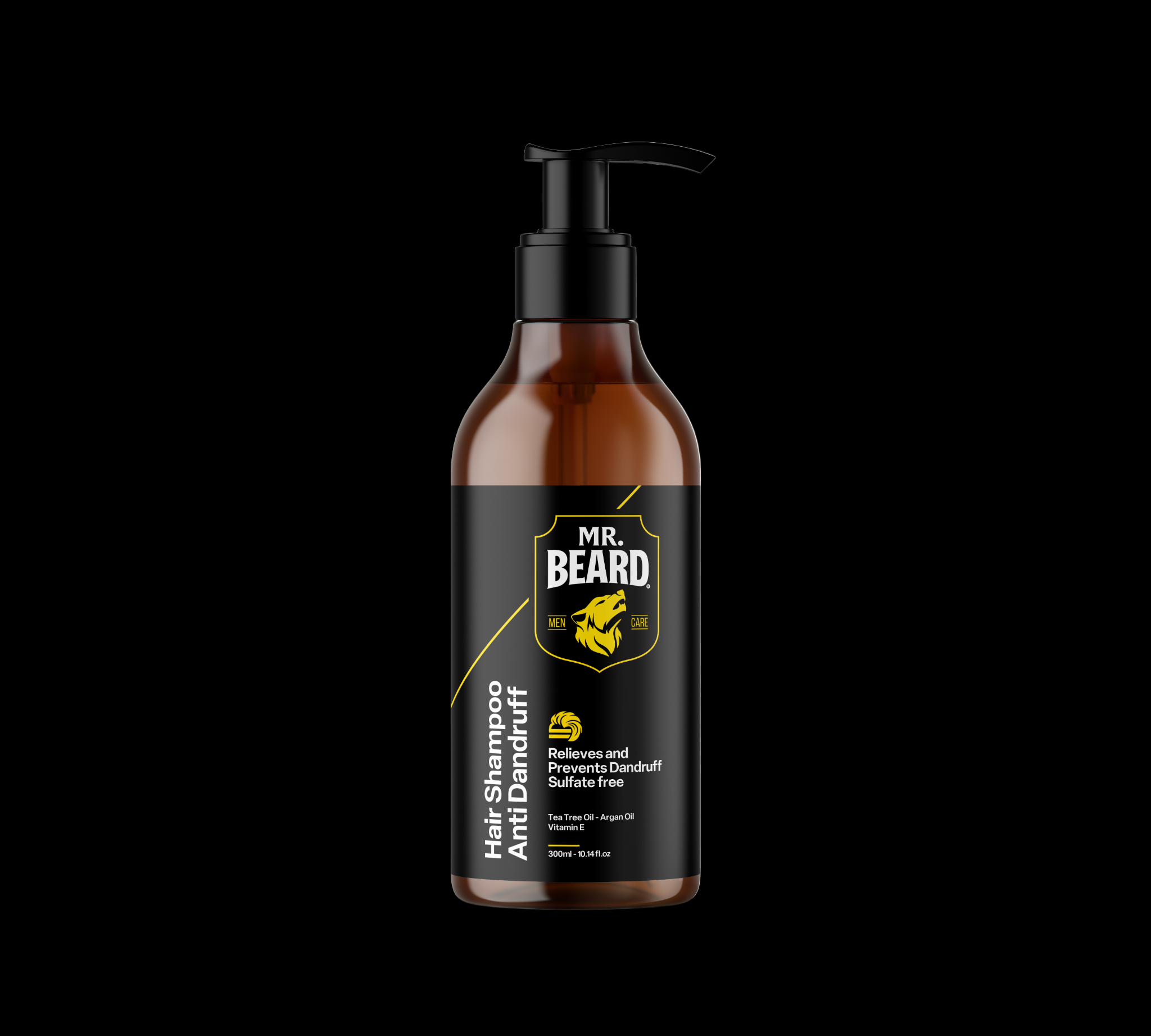 Hair shampoo bottle with black and gold label on a white background