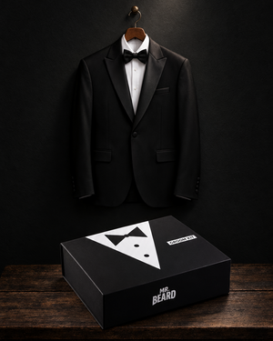 A black tuxedo jacket with a white shirt and black bow tie is displayed on a hanger against a dark background, with a branded black gift box in the foreground on a wooden surface.