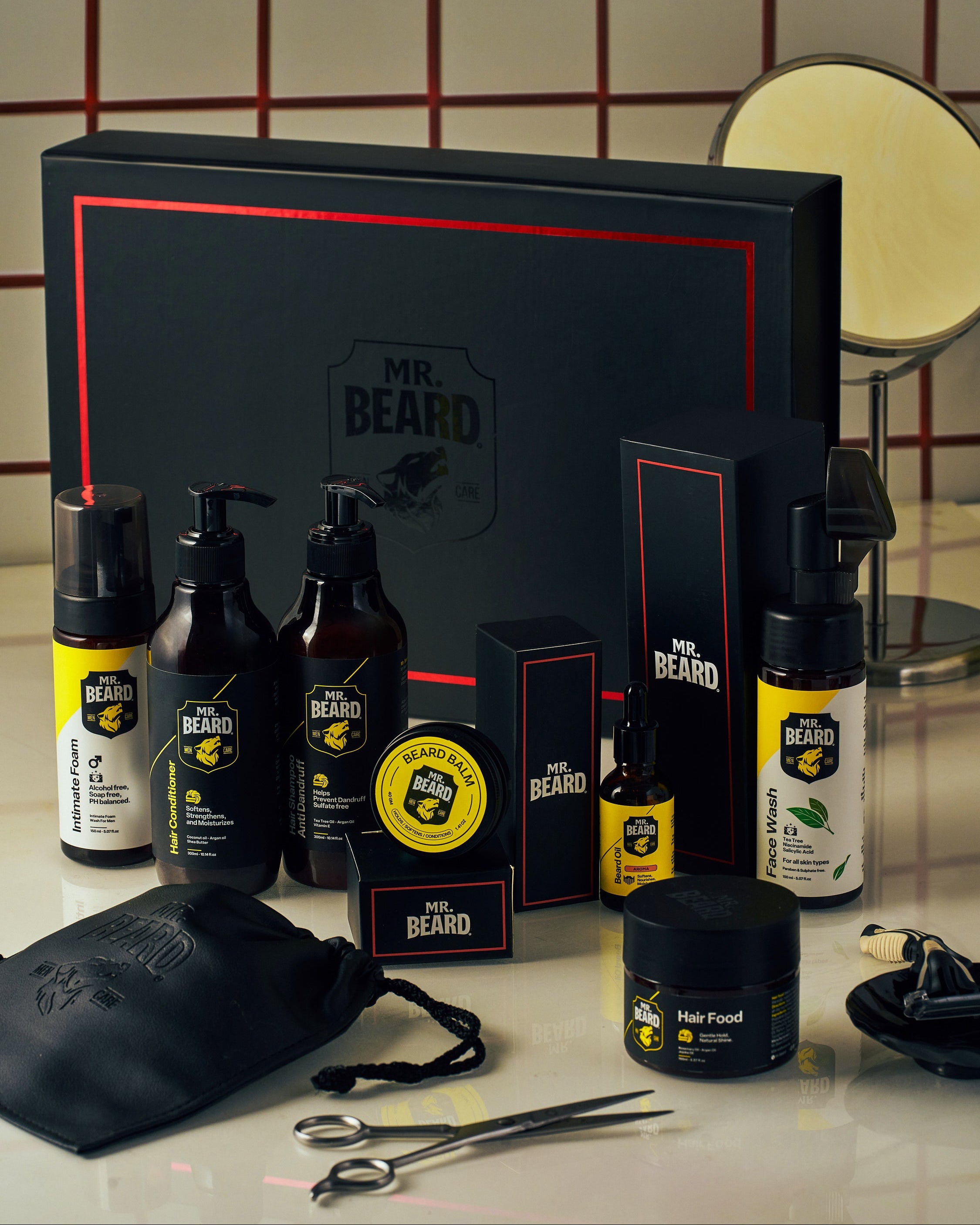 Mr. Beard grooming product set on a counter with a tiled wall background