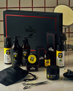 Mr. Beard grooming product set on a counter with a tiled wall background