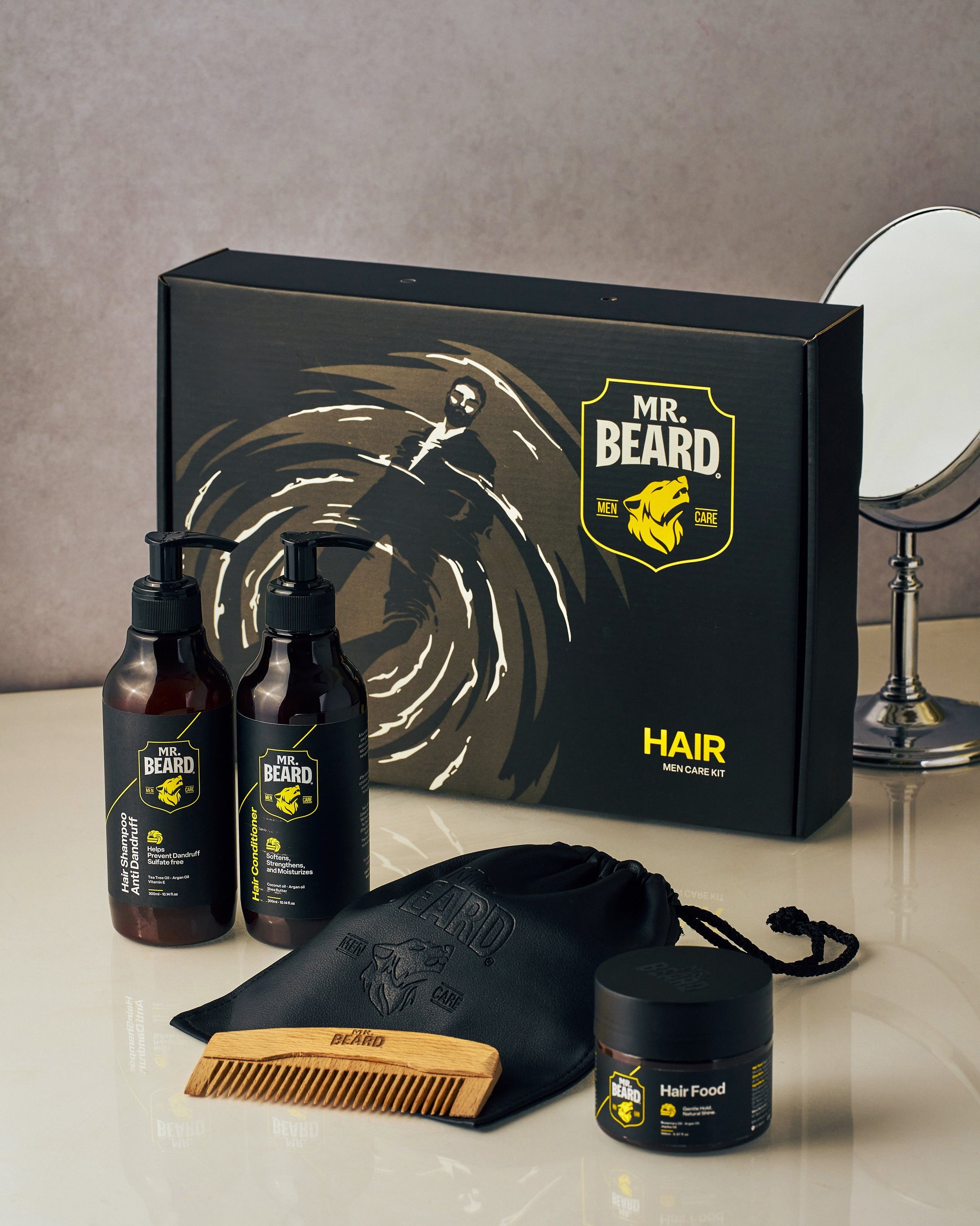 Mr. Beard hair care product set on a reflective surface with a neutral background