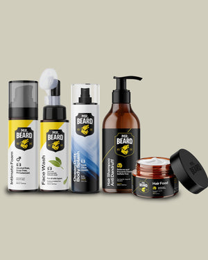 A collection of six Mr. Beard grooming products arranged on a solid beige background.