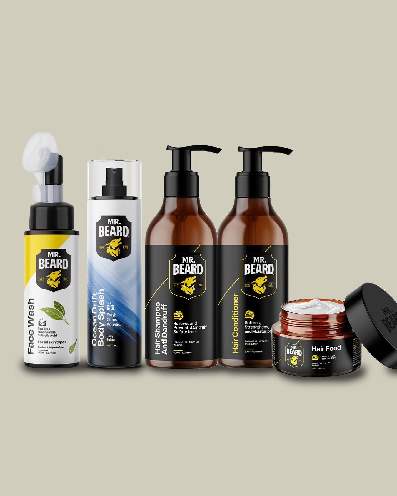A set of Mr. Beard grooming products arranged on a solid beige background, including a facial wash, beard balm, two beard shampoos, two beard conditioners, and a hair food jar with its lid off.