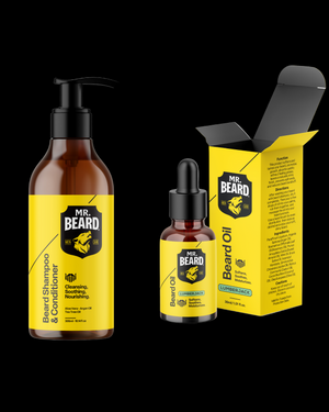 Mr. Beard grooming products including shampoo, oil, and packaging on a white background
