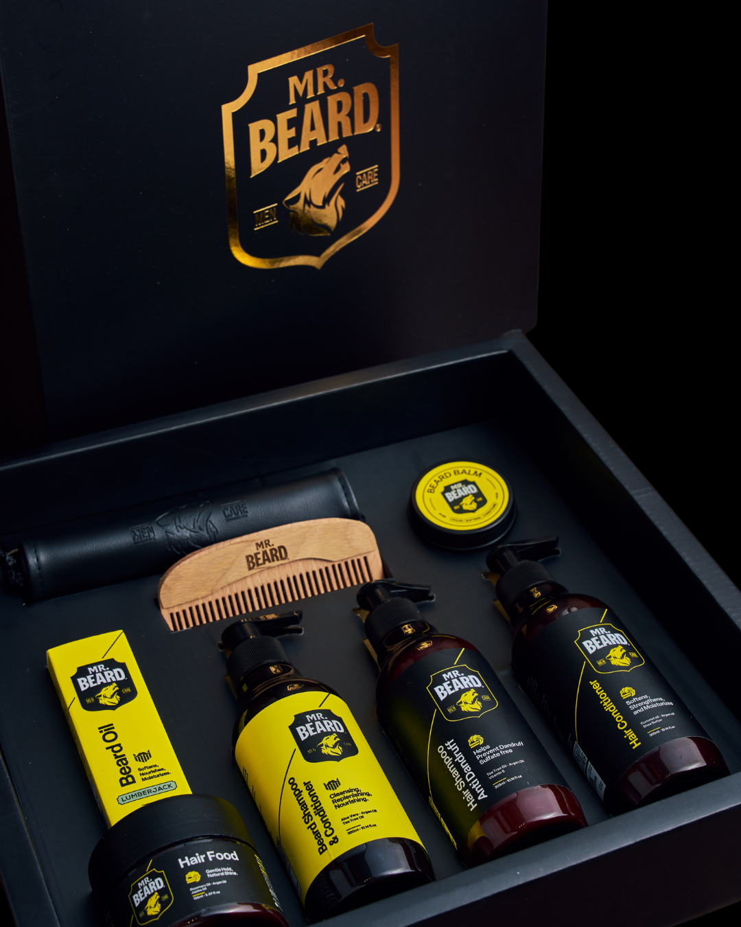 Mr. Beard grooming product set with bottles, a comb, and a jar in a black box.