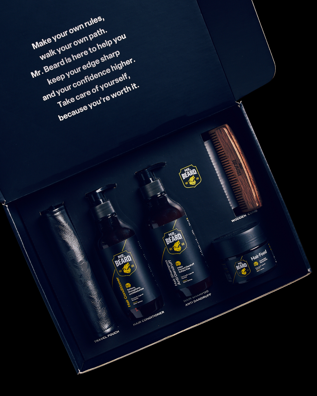 Mr. Beard grooming kit with bottles, a brush, and a message on a dark background