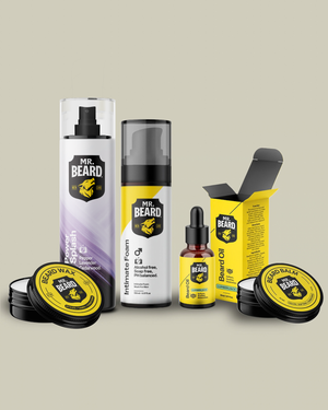 A collection of Mr. Beard grooming products arranged on a solid beige background, including beard wax tins, beard oil, beard foam, and beard oil with their packaging.