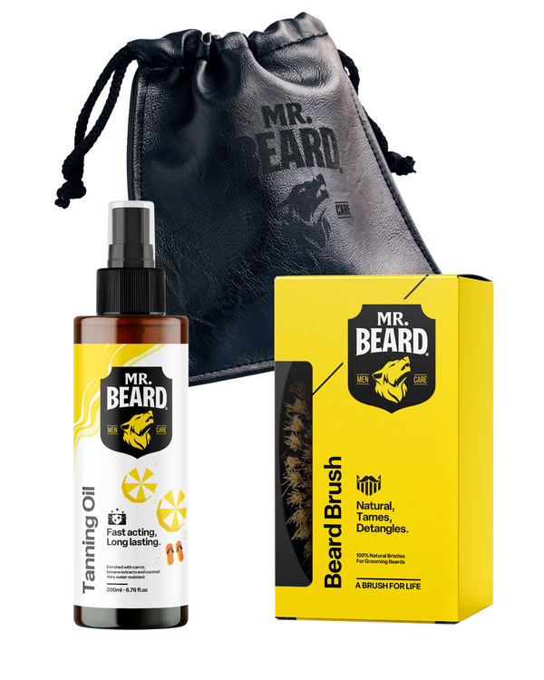 Sun & Style Bundle Tanning Oil + Beard Brush + Leather Travel Pouch