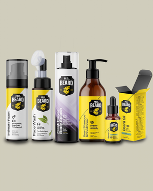 A lineup of Mr. Beard grooming products including beard balm, face wash, body wash, beard oil, and beard foam, displayed against a solid beige background.