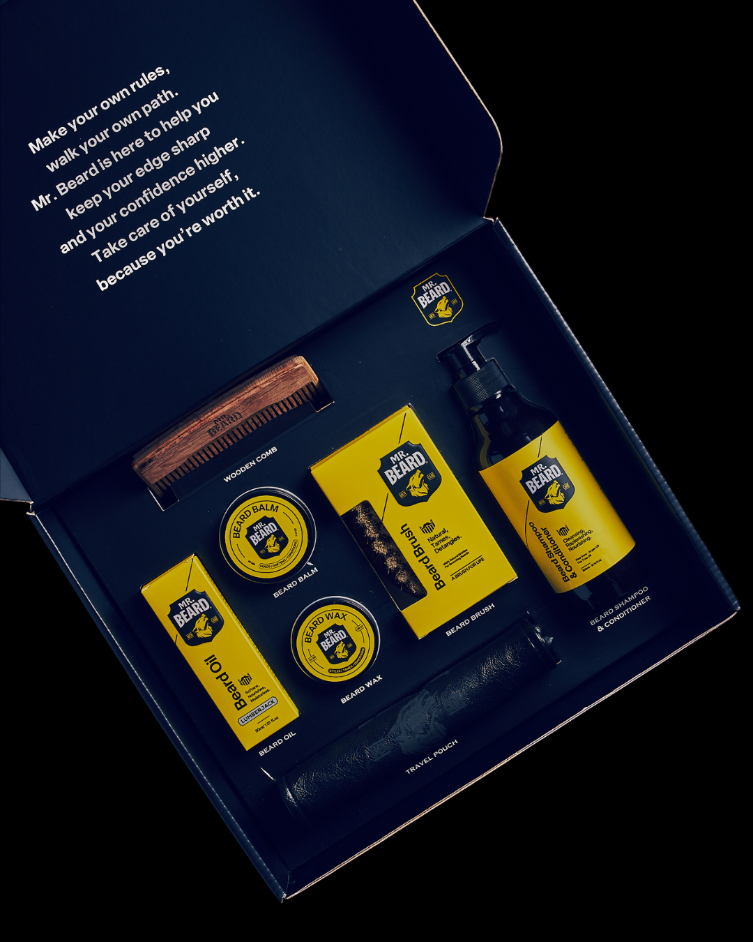 Beard grooming kit with bottles, a comb, and other items in a branded box.