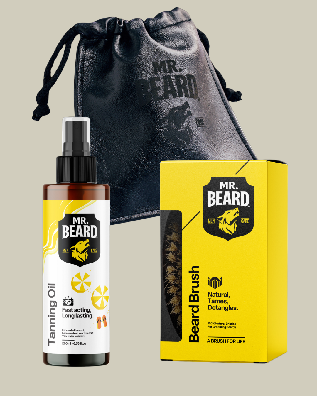 Sun & Style Bundle Tanning Oil + Beard Brush + Leather Travel Pouch