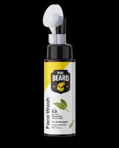 Mr. Beard Face Wash bottle with pump on a black background