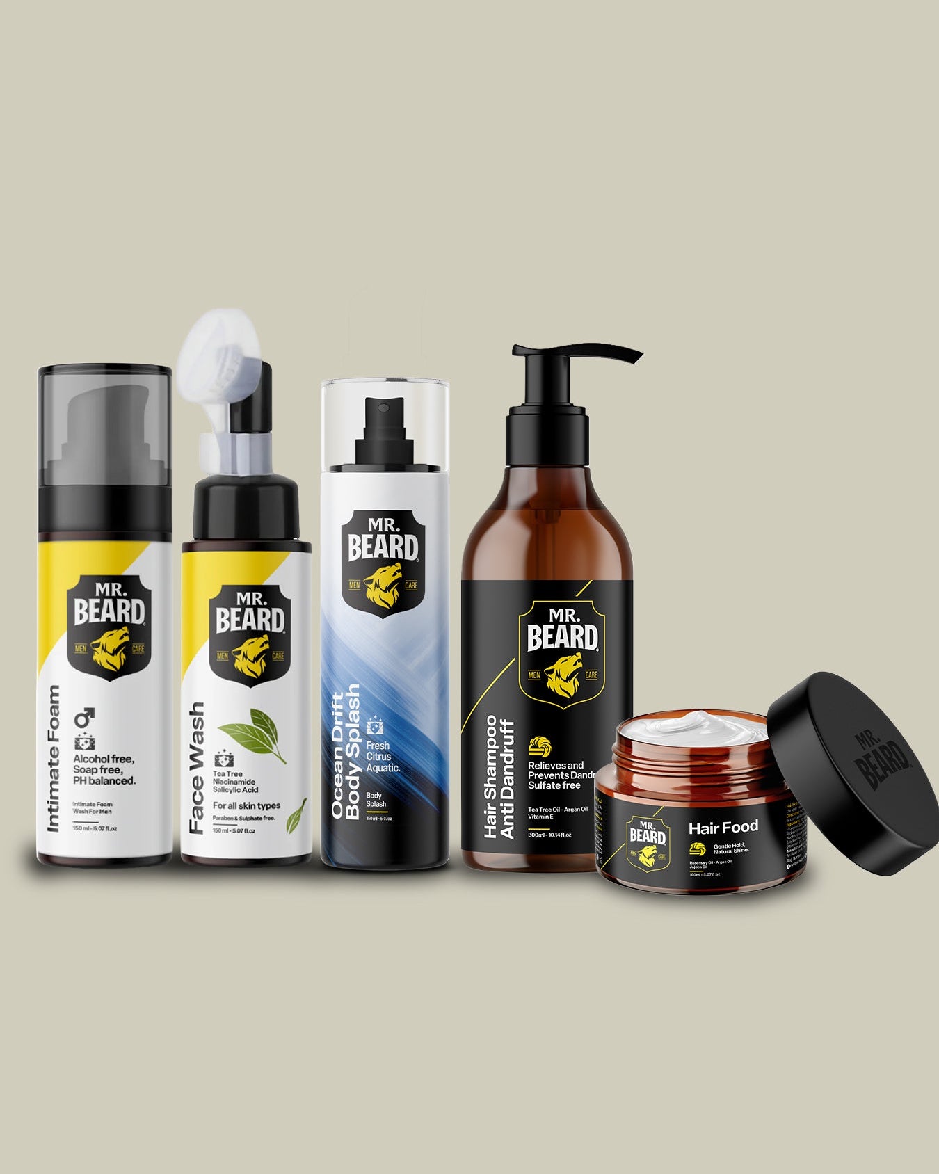 A collection of six Mr. Beard grooming products arranged on a solid beige background.