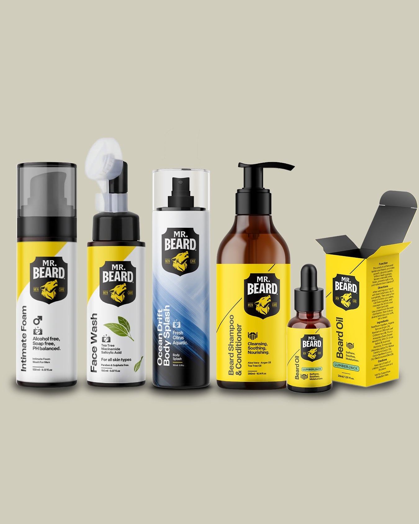 A lineup of Mr. Beard grooming products on a solid beige background, including a beard balm bottle, face wash, beard oil, conditioner, and foam bottles, alongside their yellow and black packaging.