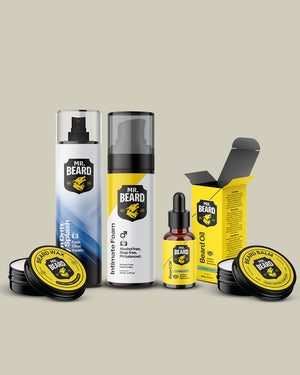 A set of beard grooming products from Beard Care, including a beard wash spray can, an intensive foam pump bottle, a beard oil dropper bottle, and beard balm tins, arranged on a solid beige background.
